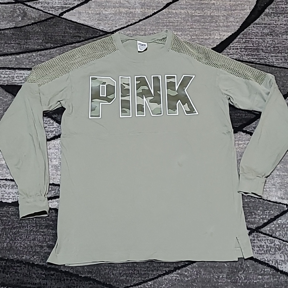 VS PINK 2019 CAMPUS MESH CAMO LOGO CREW-NECK LONG-SLEEVE TEE-SHIRT